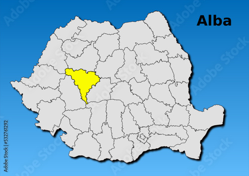 Map of Romania with map of Alba county highlighted in yellow vector