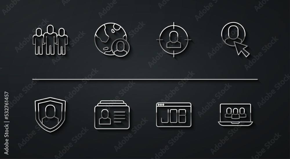 Set line Project team base, User protection, Worker, Search job, Resume, Globe and people, and Head hunting icon. Vector Set line Project team base, User protection, Worker, Search job, Resume, Globe and people, and Head hunting icon. Vector