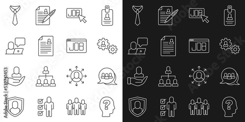 Set line Worker, Project team base, Human with gear, Search job, Resume, Freelancer, Tie and icon. Vector