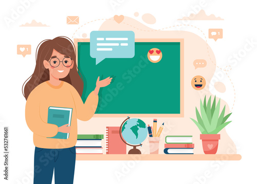 Female teacher in classroom. School and learning concept, teacher s day. Cute vector illustration in flat cartoon style