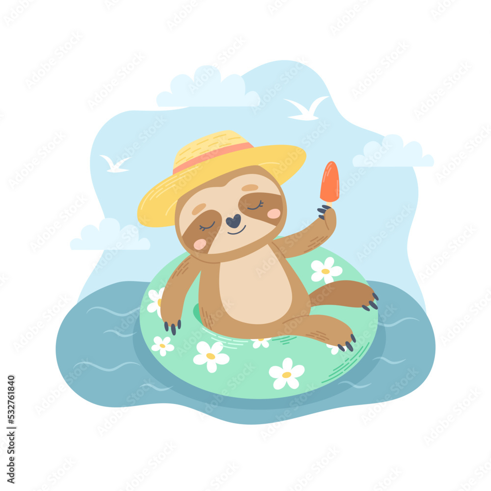 Fototapeta premium Sloth swimming on rubber ring in the sea. Summer character, vacation activity. Cute seasonal vector illustration in flat cartoon style