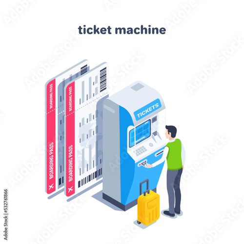 isometric vector illustration on a white background, a man buys air tickets in a ticket machine