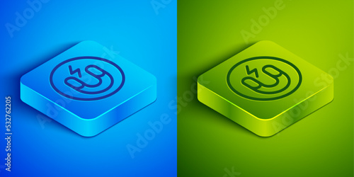 Isometric line Magnet icon isolated on blue and green background. Horseshoe magnet, magnetism, magnetize, attraction. Square button. Vector