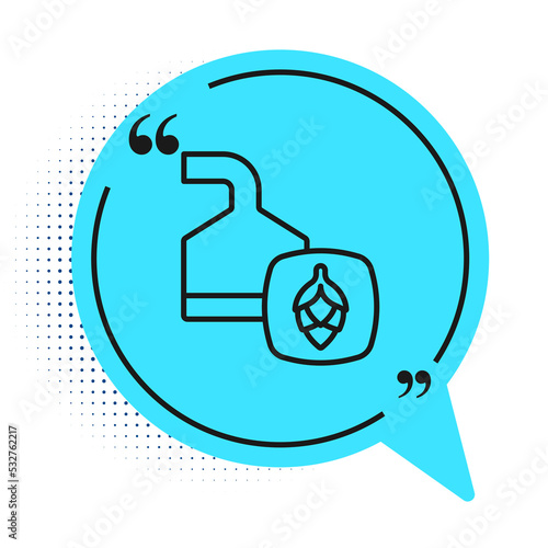 Black line Traditional brewing vessels in brewery icon isolated on white background. Beer brewing process. Distillery plant, brewery. Blue speech bubble symbol. Vector