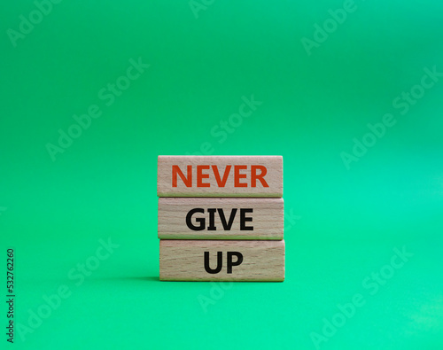 Never give up symbol. Concept words Never give up on wooden blocks. Beautiful green background. Business and Never give up concept. Copy space.