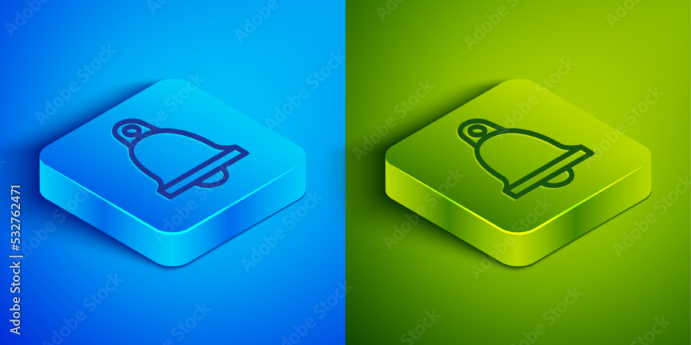 Isometric line Church bell icon isolated on blue and green background. Alarm symbol, service bell, handbell sign, notification symbol. Square button. Vector Isometric line Church bell icon isolated on blue and green background. Alarm symbol, service bell, handbell sign, notification symbol. Square button. Vector