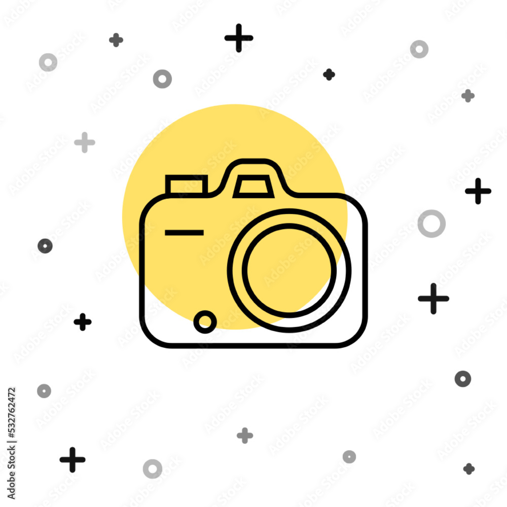 Black line Photo camera icon isolated on white background. Foto camera. Digital photography. Random dynamic shapes. Vector Black line Photo camera icon isolated on white background. Foto camera. Digital photography. Random dynamic shapes. Vector