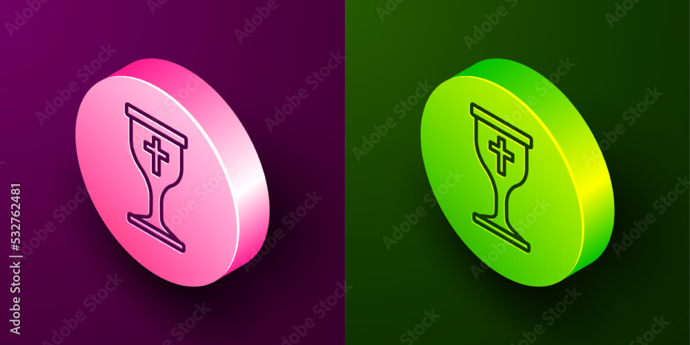 Isometric line Christian chalice icon isolated on purple and green background. Christianity icon. Happy Easter. Circle button. Vector Isometric line Christian chalice icon isolated on purple and green background. Christianity icon. Happy Easter. Circle button. Vector
