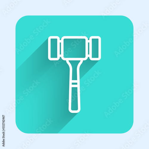 White line Auction hammer icon isolated with long shadow background. Gavel - hammer of judge or auctioneer. Bidding process, deal done. Auction bidding. Green square button. Vector
