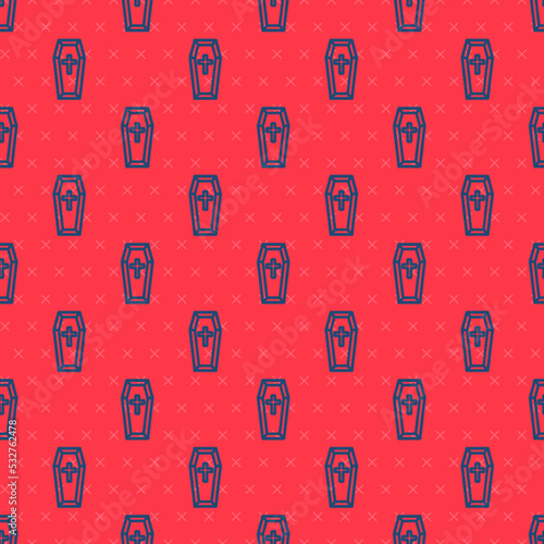 Blue line Coffin with christian cross icon isolated seamless pattern on red background. Happy Halloween party. Vector