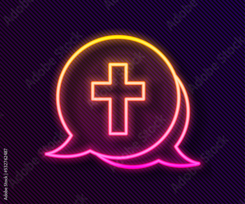 Glowing neon line Christian cross icon isolated on black background. Church cross. Vector