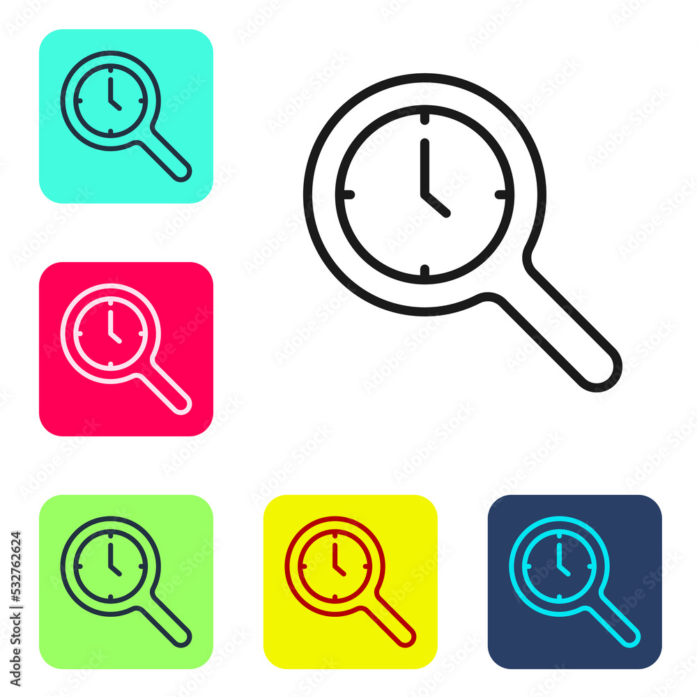 Black line Magnifying glass with clock icon isolated on white background. Clock search. Set icons in color square buttons. Vector Black line Magnifying glass with clock icon isolated on white background. Clock search. Set icons in color square buttons. Vector