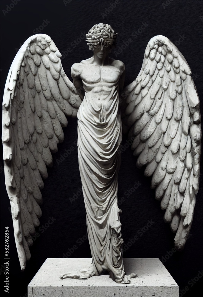 A white statue of an angel with large wings, carved in stone, white ...