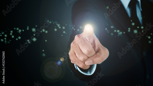 Man standing and pointing hand on Light and star background. COPY SPACE. Business Concept : Market Uptrend