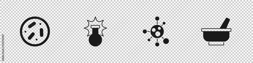 Set Petri dish with bacteria, Chemical explosion, Molecule and Mortar and pestle icon. Vector Set Petri dish with bacteria, Chemical explosion, Molecule and Mortar and pestle icon. Vector