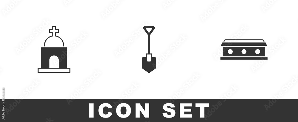 Set Old crypt, Shovel and Coffin with cross icon. Vector Set Old crypt, Shovel and Coffin with cross icon. Vector