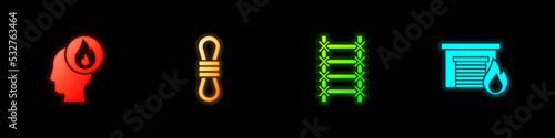 Set Firefighter, Climber rope, escape and in burning garage icon. Vector