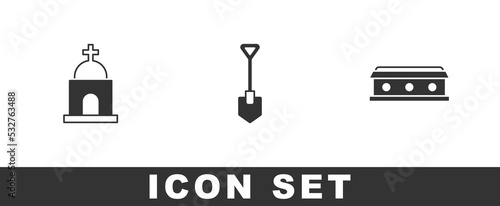 Set Old crypt, Shovel and Coffin with cross icon. Vector