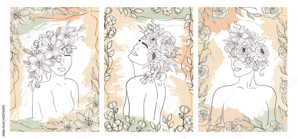 Obraz premium Hand drawn invitation cards of woman figure with flowers and leaves in line art. Gentle silhouette young woman, brush, drops and strokes of paint. Portrait abstract face. Vector set illustration