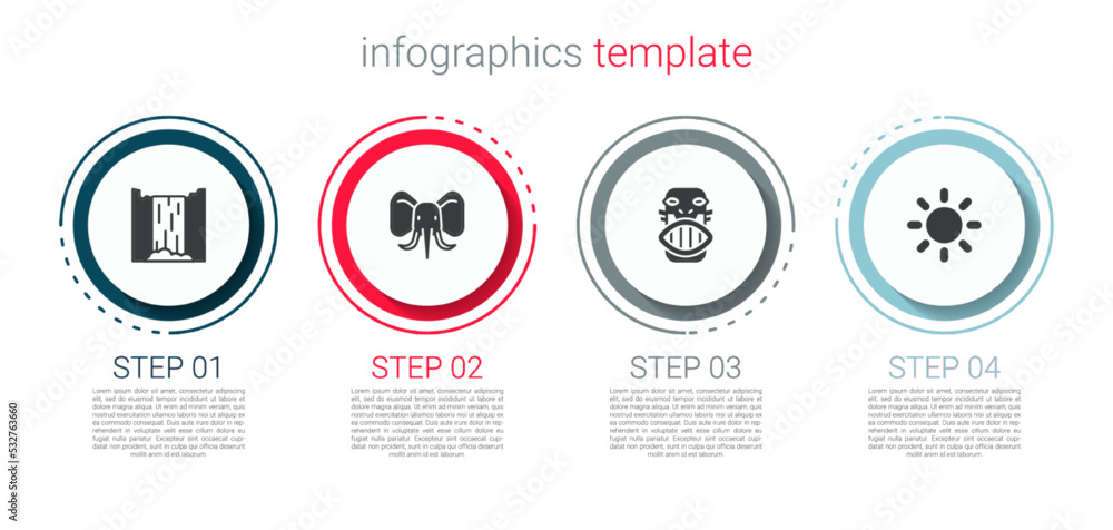 Set Waterfall, Elephant, Mexican mayan or aztec mask and Sun. Business infographic template. Vector