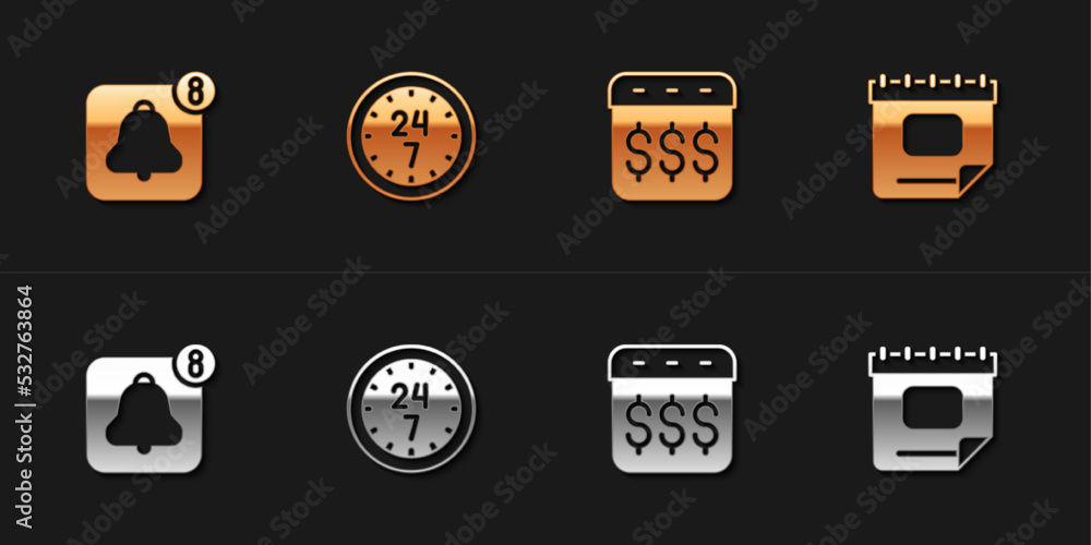 Set Alarm clock app mobile, Clock 24 hours, Payday, calendar with dollar and Calendar icon. Vector