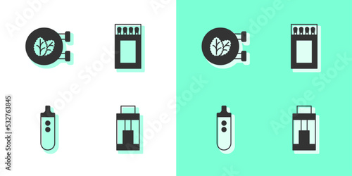 Set Vape mod device, Tobacco leaf shop, Electronic cigarette and Matchbox and matches icon. Vector
