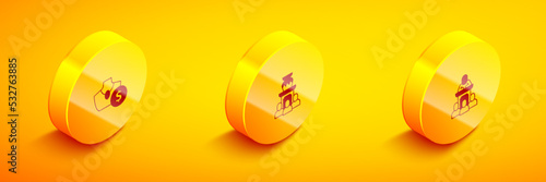 Set Isometric Auction jewelry sale, ancient vase and auctioneer sells icon. Vector