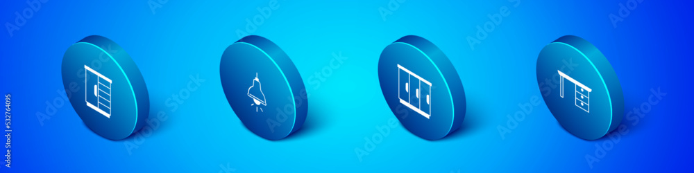 Set Isometric Wardrobe, Office desk and Lamp hanging icon. Vector Set Isometric Wardrobe, Office desk and Lamp hanging icon. Vector