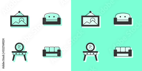 Set Sofa, Picture, Dressing table and Armchair icon. Vector