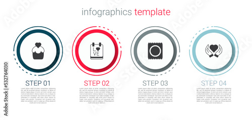 Set Wedding cake, Calendar with February 14, Condom package and Heart hand. Business infographic template. Vector