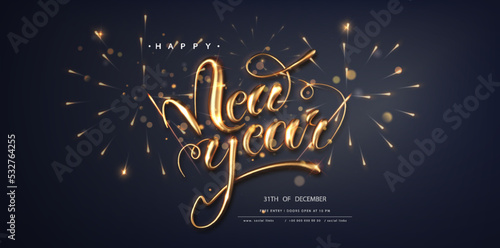Happy new year banner template on dark background. Gold calligraphy lettering greeting card concept