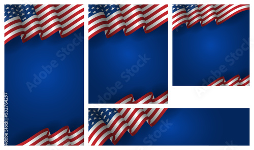 America background, empty template background for greeting, event, national day with blue color and waving usa flag, america copy space background for social media, wallpaper, stories