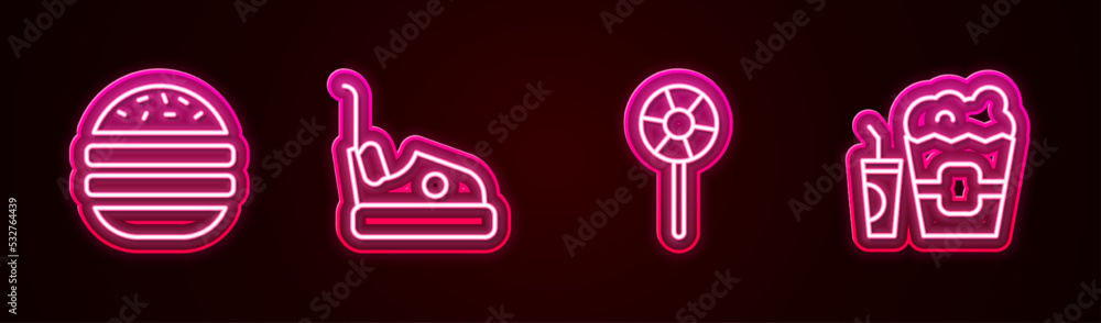 Set line Burger, Bumper car, Lollipop and Popcorn in box and glass. Glowing neon icon. Vector Set line Burger, Bumper car, Lollipop and Popcorn in box and glass. Glowing neon icon. Vector