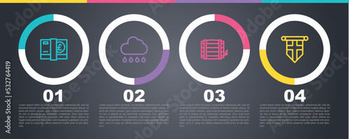 Set line Pound sterling money, Cloud with rain, Wooden barrel and England flag pennant. Business infographic template. Vector