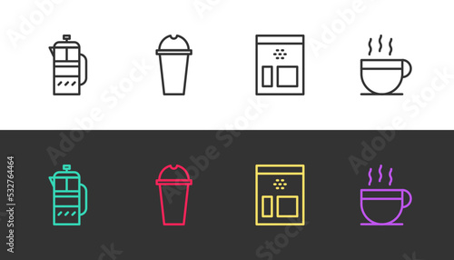 Set line French press, Milkshake, Bag of coffee beans and Coffee cup on black and white. Vector