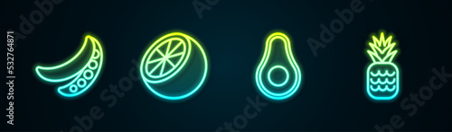 Set line Green peas, Orange fruit, Avocado and Pineapple. Glowing neon icon. Vector