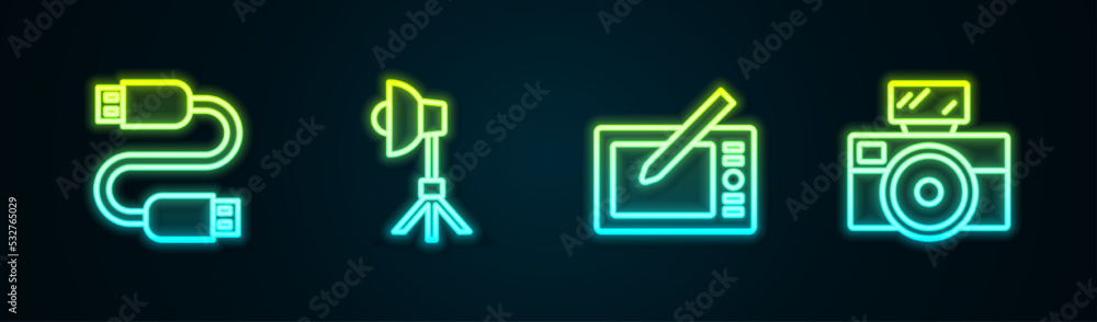 Set line USB cable cord, Softbox light, Graphic tablet and Photo camera with flash. Glowing neon icon. Vector Set line USB cable cord, Softbox light, Graphic tablet and Photo camera with flash. Glowing neon icon. Vector