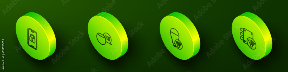 Set Isometric line Digital door lock, Voice assistant, Smart light bulb and icon. Vector Set Isometric line Digital door lock, Voice assistant, Smart light bulb and icon. Vector