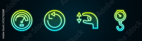 Set line Speedometer, Radius, Approximate measurements and Hand scale spring mechanical. Glowing neon icon. Vector