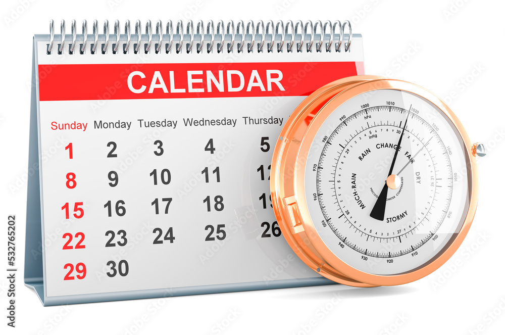 Desk calendar with barometer. Barometric Pressure Forecast concept, 3D rendering Desk calendar with barometer. Barometric Pressure Forecast concept, 3D rendering