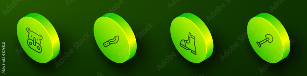 Set Isometric line Rhinoceros, Machete, Hunter boots and Shovel icon. Vector Set Isometric line Rhinoceros, Machete, Hunter boots and Shovel icon. Vector