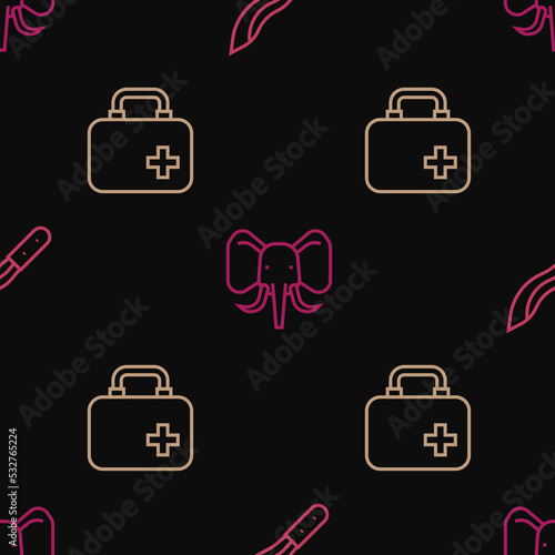 Set line Machete, First aid kit and Elephant on seamless pattern. Vector