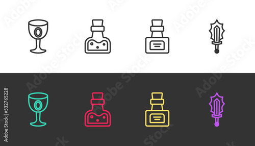 Set line Medieval goblet, Bottle with potion, and Magic sword in fire on black and white. Vector