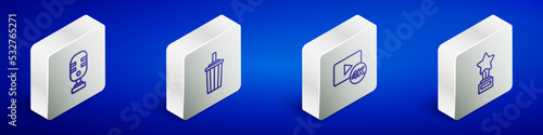 Set Isometric line Microphone, Paper glass with water, Screen tv 4k and Movie trophy icon. Vector