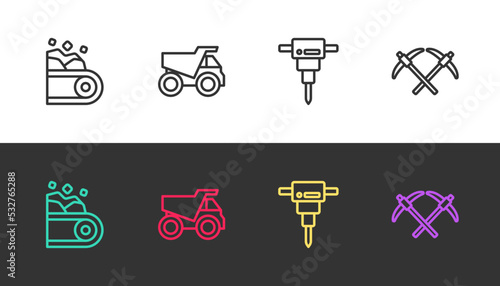 Set line Conveyor belt carrying coal, Mining dump truck, Construction jackhammer and Pickaxe on black and white. Vector