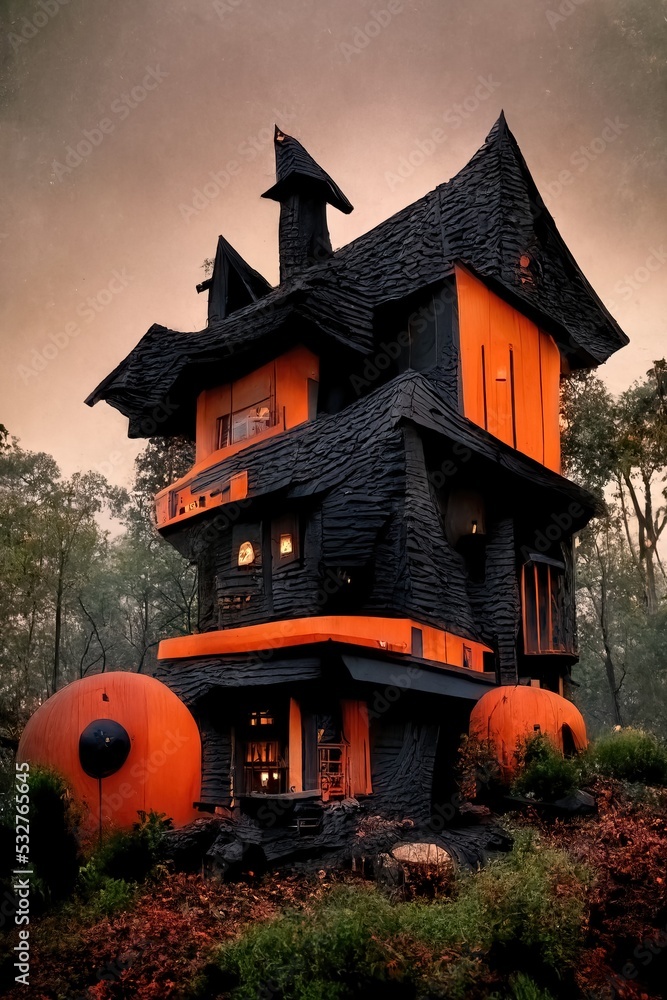 Obraz premium Black and orange house with Halloween theme, 3d render