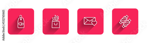 Set line Please do not disturb with heart, Shopping bag, Envelope Valentine and Candy with long shadow. Red square button. Vector