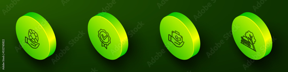 Set Isometric line Lifebuoy in hand, Approved check mark, Travel suitcase and Car damaged by fallen tree icon. Vector Set Isometric line Lifebuoy in hand, Approved check mark, Travel suitcase and Car damaged by fallen tree icon. Vector