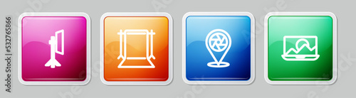 Set line Studio light bulb in softbox, Empty photo studio, Camera shutter and Photo retouching. Colorful square button. Vector