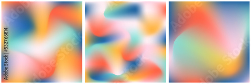 Aesthetic microblog carousel slides template for social media. Three pages with mesh gradient pastel colors background. Trendy design with copy space for text. Vibrant blurred square template for soci